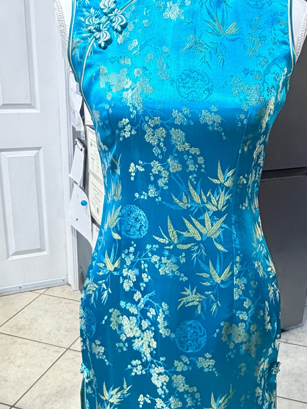 Women's Blue Satin Look Cheong-sam Qipao Dress Size S Polyester